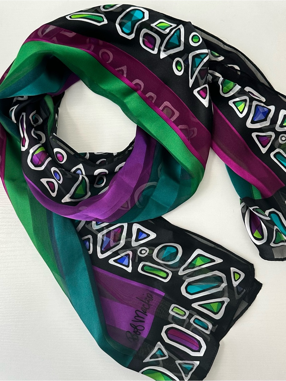 Bob Mackie Wearable Art 100% Silk Geometric Jewel Print Oblong Scarf 13x60